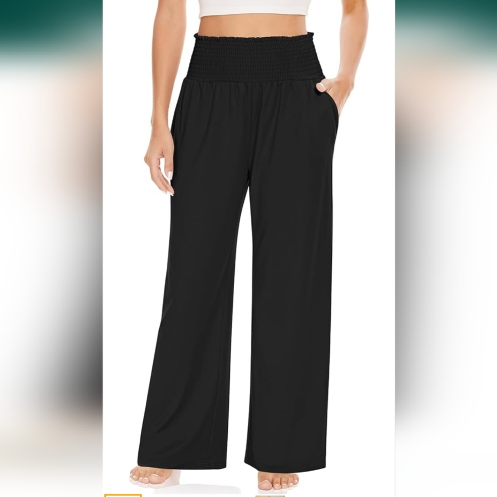 NWT UEU Womens Smocked Ruffle High Waisted Wide Leg Pants Loose Yoga Sweatpant